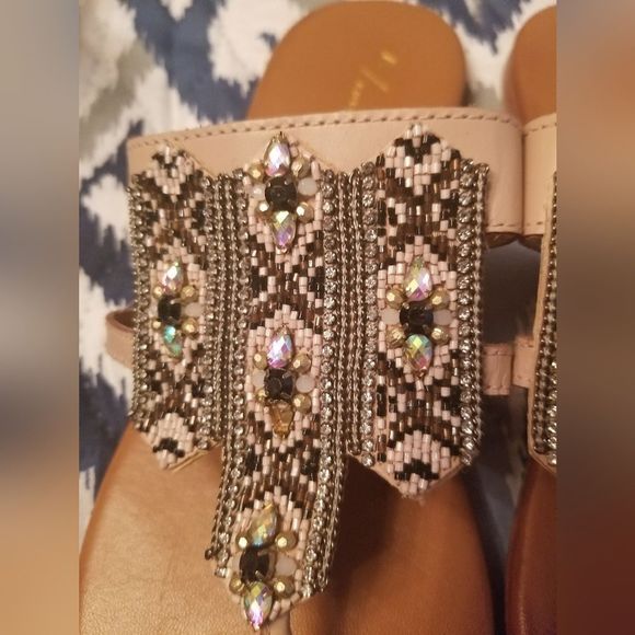 Anthropologie Blush Beaded Embellished Leather Thong Sandals Sz.38/US 7 - Picture 7 of 12